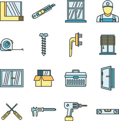 Poster - Home window installation icons set. Outline set of home window installation vector icons thin line color flat on white