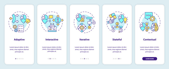 Wall Mural - 2D icons representing cognitive computing features mobile app screen set. Walkthrough 5 steps multicolor graphic instructions with thin line icons concept, UI, UX, GUI template.