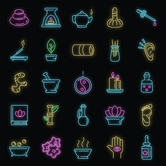 Wall Mural - Ayurveda icons set. Outline set of ayurveda vector icons neon color on black