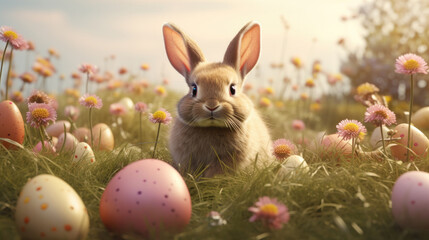 Wall Mural - Portrait of cute rabbit with easter eggs on grass field