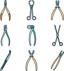 Sticker - Clinic forceps icons set. Outline set of clinic forceps vector icons thin line color flat on white