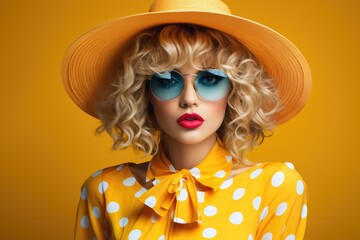 Wall Mural - A woman wearing a yellow polka dot shirt and blue sunglasses