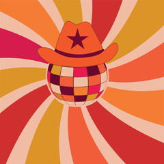 Retro colorful cowboy hat on disco ball with vintage sunburst red, orange and mustard. Illustration for disco retro party