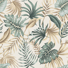 Tropical Beige, Green Palm Leaves Seamless Pattern. Exotic Jungle Wallpaper.