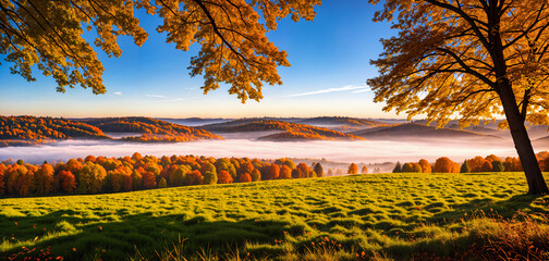 Wall Mural - Autumn landscape - view of the river valley covered with fog. Natural background, nature landscape wallpaper, banner. Created using generative AI tools