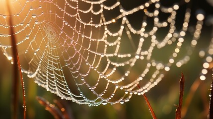 Macro Photograph of a Dew-Covered Spider Web Glistening
