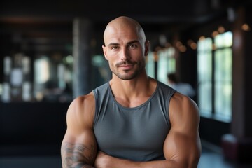 Portrait of a male fitness trainer or fitness workplace owner standing happily smiling in the gym. healthy lifestyle concept