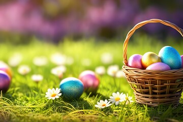 Easter basket with eggs and flowers, sunny meadow background, green grass and sunny spring background.