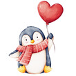 © Alisa Ryshchuk - Cute penguin with a heart shaped balloon watercolor illustration
