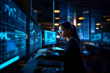 Portrait of Asian woman Startup Digital Entrepreneur Working on Computer, Line of Code Projected on Her Face and Reflecting. Software Developer using AI, Big data