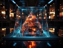 Faceted Amber Pyramid Displayed In A Glass Dome.