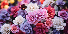 Close Up Of Colorful Artificial Flowers Bouquet, Vintage Color Tone, Floral Carpet Or Wallpaper Background Of Mix Of Flowers Beautiful Flower For Catalog. 