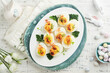 Easter stuffed eggs. Traditional Easter brunch or dinner with stuffed eggs with paprika, carrot cake bars and chocolate nest cakes with glazed eggs. Easter meal dishes with holday decorations Top view
