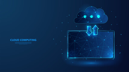 Poster - Cloud computing technology concept. Cloud storage tablet data. Low poly wireframe style technology background.