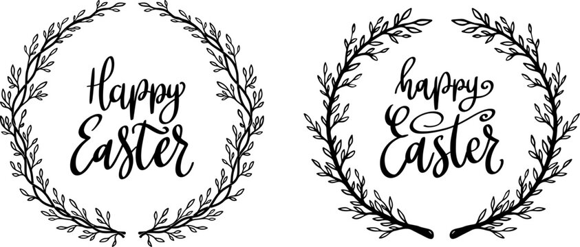 Happy Easter. Lettering phrase with wreath isolated on white background