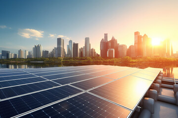 Solar panels with a city skyline in background, showcasing the integration of renewable energy sources within urban environments, sustainable and eco-friendly future