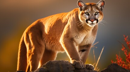 Wall Mural - A majestic cougar on a rocky outcrop at sunset