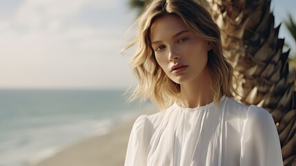 captivating portrait of a young blonde woman wearing a white summer dress in a beach scene