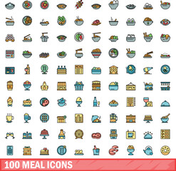 Poster - 100 meal icons set. Color line set of meal vector icons thin line color flat on white