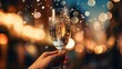 © Barosanu - one hand holding champagne glass with drink on bokeh backgound with colorful lights