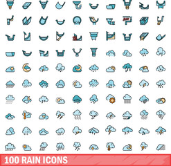 Poster - 100 rain icons set. Color line set of rain vector icons thin line color flat on white