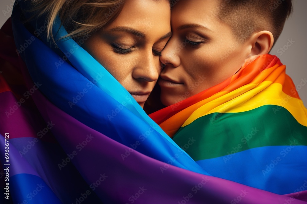 Beautiful Lesbian Couple holding rainbow flag as symbol for pride month ...