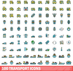 Poster - 100 transport icons set. color line set of transport vector icons thin line color flat on white