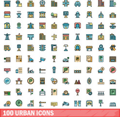 Sticker - 100 urban icons set. Color line set of urban vector icons thin line color flat on white