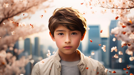 Wall Mural - Modern happy young Asian boy on the background of pink cherry blossoms and metropolis city.