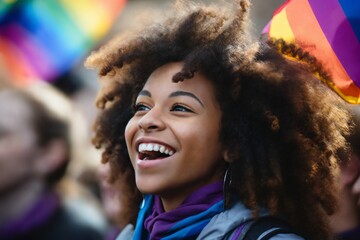 portrait of a girl at a gay pride parade, happy and joyful emotions with friends, LGBT concept