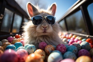 Wall Mural - Cute Easter Bunny with sunglasses looking out of a car filed with easter eggs, Generative AI