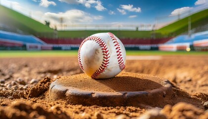 Wall Mural - baseball on home plate of dirt baseball field