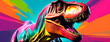 Funny psychedelic t-rex portrait on colorful background. Banner format. Digital art style.