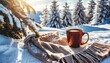 cozy warm winter composition with cup of hot coffee or chocolate cozy blanket and snowy landscape on sunny winter day winter home decor christmas new years eve
