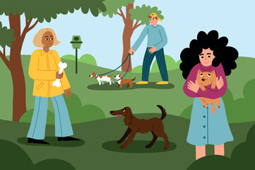 Wall Mural - People walk with dogs in park. Happy owners and pets in nature, city garden training, persons with different breeds animals, vector concept.eps