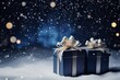 dark blue minimal christmas or valentine gift boxes 3d render festive background with copy space in winter forest with snow falling	