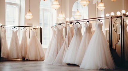 Wall Mural - Elegantly designed luxury bridal dress on hangers. A variety of wedding dresses hanging in a boutique bridal salon. Blurred background in beige tones and sunlight.