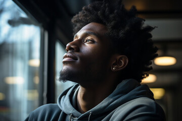 Generative AI portrait of young person sitting dreamy in aroma cafeteria enjoying morning coffee