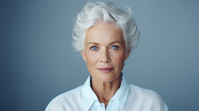 senior woman with white hair and blue eyes