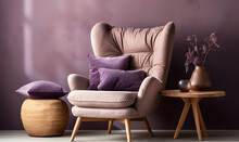 Beige Wing Chair With Purple Pillow And Knitted Pouf Against Violet Venetian Stucco Wall With Copy Space. Farmhouse Home Interior Design Of Modern Living Room.