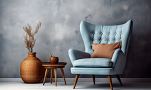 Blue Tufted Wingback Chair Against Venetian Stucco Wall. Scandinavian Home Interior Design Of Modern Living Room.