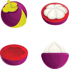 Poster - Mangosteen fruit icons set cartoon vector. Ripe exotic fruit. Raw food, healthy nutrition