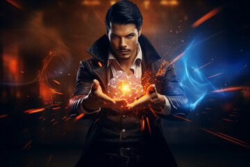 Wall Mural - Generative AI image picture of powerful elements wizard practicing ice water air fire magic video game character