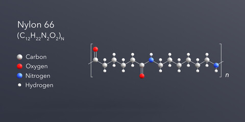 Poster - nylon 66 molecule 3d rendering, flat molecular structure with chemical formula and atoms color coding