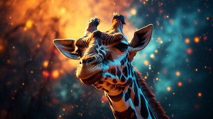 Poster - A giraffe portrayed against a galactic horizon, blending abstract cosmic elements with the distinctive grace of the world's tallest mammal.