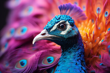 Poster - A peacock captured in a majestic prance against a pastel paradise, its iridescent feathers creating a symphony of color in the studio.