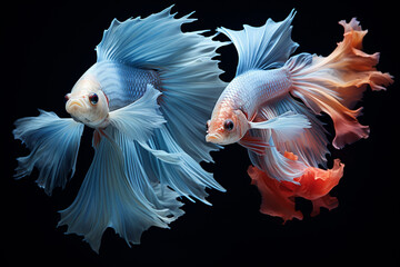 Aufkleber - A pair of Siamese fighting fish in a pastel blue aquarium, their vibrant fins and graceful movements creating a mesmerizing underwater scene.