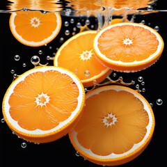 a close up of orange slices and bubbles, orange slices, black background. ai generative