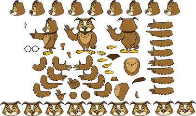 Vector cartoon style owl character for animation. Different emotions, gestures and poses. Isolated vector illustration.