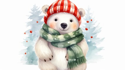 Wall Mural - Watercolor christmas polar bear in scarf isolated on white background.. Isolated on white background png like style. Created using Generative AI Technology